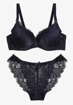 Granatowy Komplet z Koronki Majtki Ozdobione Kokardą Biustonosz na Regulowanych Ramiączkach Arfiana