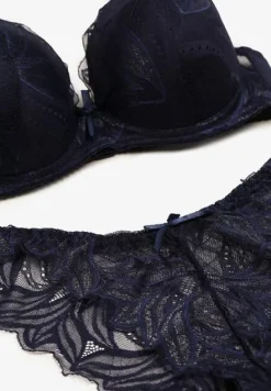 Granatowy Komplet z Koronki Majtki Ozdobione Kokardą Biustonosz na Regulowanych Ramiączkach Arfiana