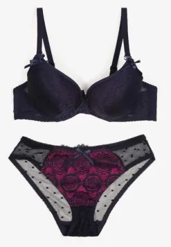 Granatowy Komplet z Koronki Majtki Typu Figi i Biustonosz z Kokardami i Usztywnieniem Arrbelia