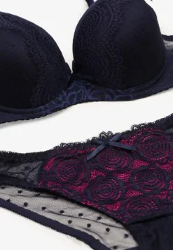 Granatowy Komplet z Koronki Majtki Typu Figi i Biustonosz z Kokardami i Usztywnieniem Arrbelia