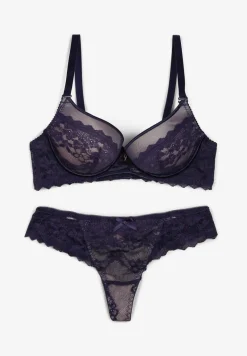 Granatowy Koronkowy Komplet Bielizny Biustonosz Usztywniony Push Up i Stringi Jasminesa