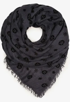 Granatowy Szalik Ozdobiony Geometrycznym Motywem z Frędzlami Nomirya