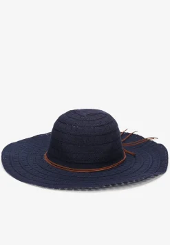 Granatowy Szeroki Kapelusz Pleciony z Ozdobnym Wiązaniem Stellan