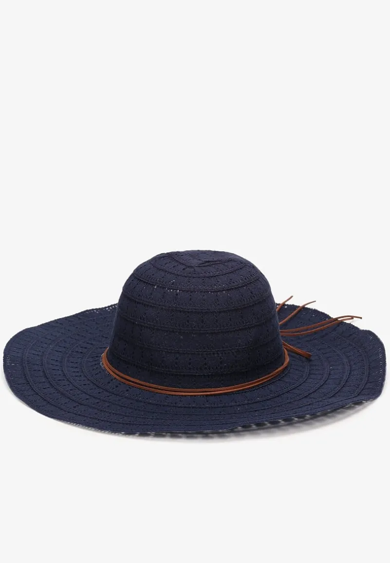 Granatowy Szeroki Kapelusz Pleciony z Ozdobnym Wiązaniem Stellan