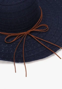 Granatowy Szeroki Kapelusz Pleciony z Ozdobnym Wiązaniem Stellan