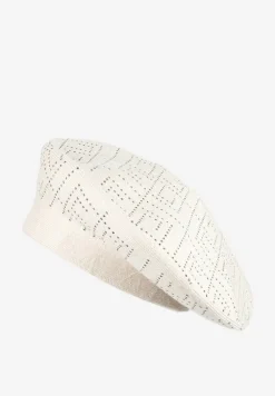 Jasnobeżowa Czapka Beret z Geometrycznym Wzorem z Cyrkoniami Holindia