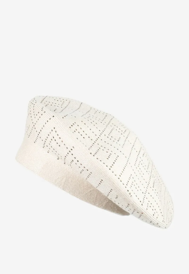 Jasnobeżowa Czapka Beret z Geometrycznym Wzorem z Cyrkoniami Holindia