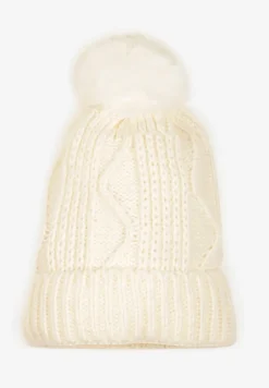 Jasnobeżowa Czapka Ozdobiona Pomponem i Tłoczeniem Tamlin
