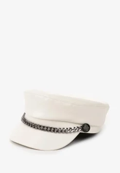 Jasnobeżowa Czapka z Daszkiem Kaszkiet z Imitacji Skóry z Ozdobnym Łańcuszkiem Raraya