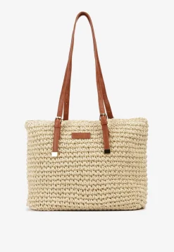 Jasnobeżowa Duża Pleciona Torebka Wykończona Rączkami z Imitacji Skóry Carpinea