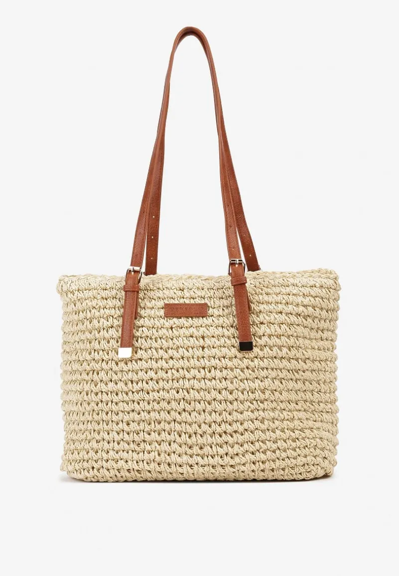 Jasnobeżowa Duża Pleciona Torebka Wykończona Rączkami z Imitacji Skóry Carpinea