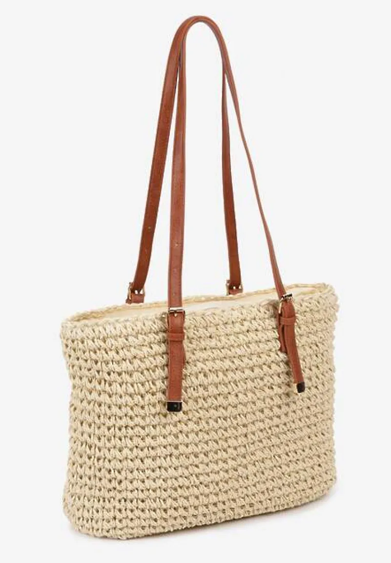 Jasnobeżowa Duża Pleciona Torebka Wykończona Rączkami z Imitacji Skóry Carpinea