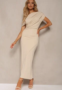 Jasnobeżowa Elegancka Sukienka o Dopasowanym Kroju na Jedno Ramię z Wycięciem na Nogę Dimatta