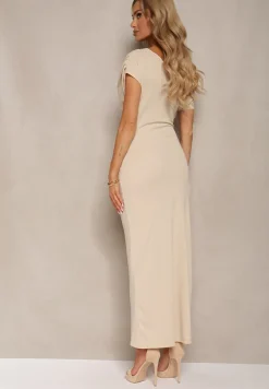 Jasnobeżowa Elegancka Sukienka o Dopasowanym Kroju na Jedno Ramię z Wycięciem na Nogę Dimatta