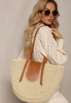 Jasnobeżowa Jednokomorowa Torebka z Plecionej Rafii w Stylu Boho Idarkia