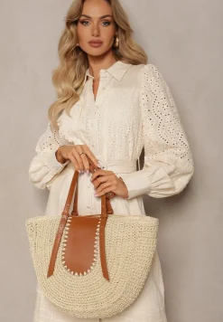 Jasnobeżowa Jednokomorowa Torebka z Plecionej Rafii w Stylu Boho Idarkia