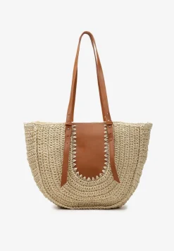 Jasnobeżowa Jednokomorowa Torebka z Plecionej Rafii w Stylu Boho Idarkia