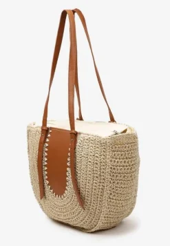 Jasnobeżowa Jednokomorowa Torebka z Plecionej Rafii w Stylu Boho Idarkia