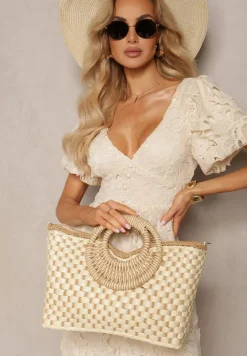 Jasnobeżowa Jednokomorowa Torebka na Ramię z Plecionki z Dodatkowym Paskiem Wezen