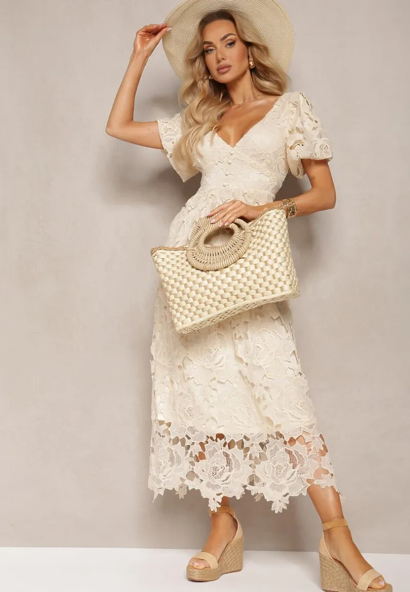 Jasnobeżowa Jednokomorowa Torebka na Ramię z Plecionki z Dodatkowym Paskiem Wezen