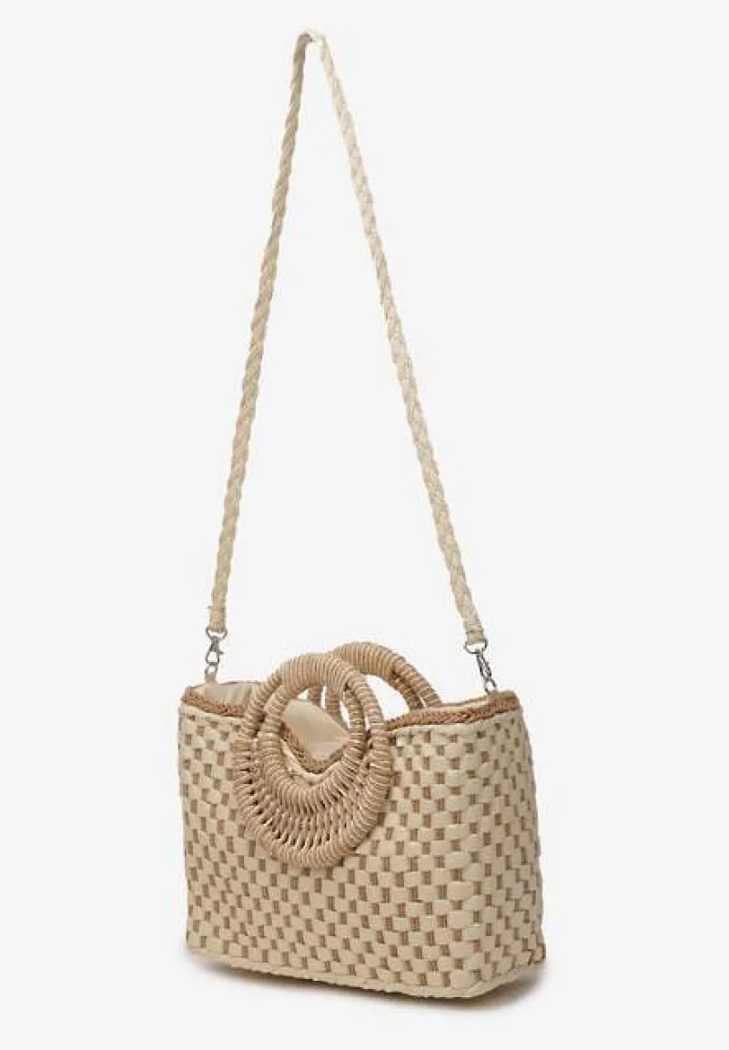 Jasnobeżowa Jednokomorowa Torebka na Ramię z Plecionki z Dodatkowym Paskiem Wezen