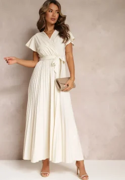 Jasnobeżowa Koktajlowa Maxi Sukienka Ozdobiona Plisami z Trójkątnym Dekoltem i Wiązaniem w Talii Phoelia