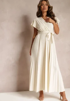 Jasnobeżowa Koktajlowa Maxi Sukienka Ozdobiona Plisami z Trójkątnym Dekoltem i Wiązaniem w Talii Phoelia