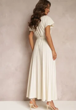 Jasnobeżowa Koktajlowa Maxi Sukienka Ozdobiona Plisami z Trójkątnym Dekoltem i Wiązaniem w Talii Phoelia
