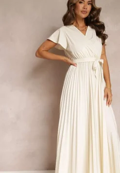 Jasnobeżowa Koktajlowa Maxi Sukienka Ozdobiona Plisami z Trójkątnym Dekoltem i Wiązaniem w Talii Phoelia