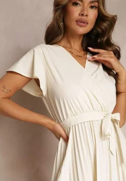 Jasnobeżowa Koktajlowa Maxi Sukienka Ozdobiona Plisami z Trójkątnym Dekoltem i Wiązaniem w Talii Phoelia