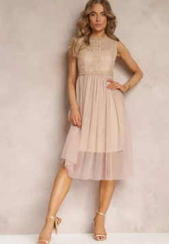 Jasnobeżowa Koktajlowa Sukienka Midi z Koronkową Górą i Tiulowym Dołem Nebulia