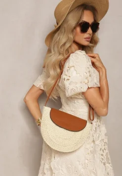 Jasnobeżowa Mała Torebka Boho na Ramię z Połączenia Plecionki i Ekoskóry Virtha