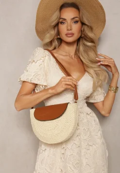 Jasnobeżowa Mała Torebka Boho na Ramię z Połączenia Plecionki i Ekoskóry Virtha