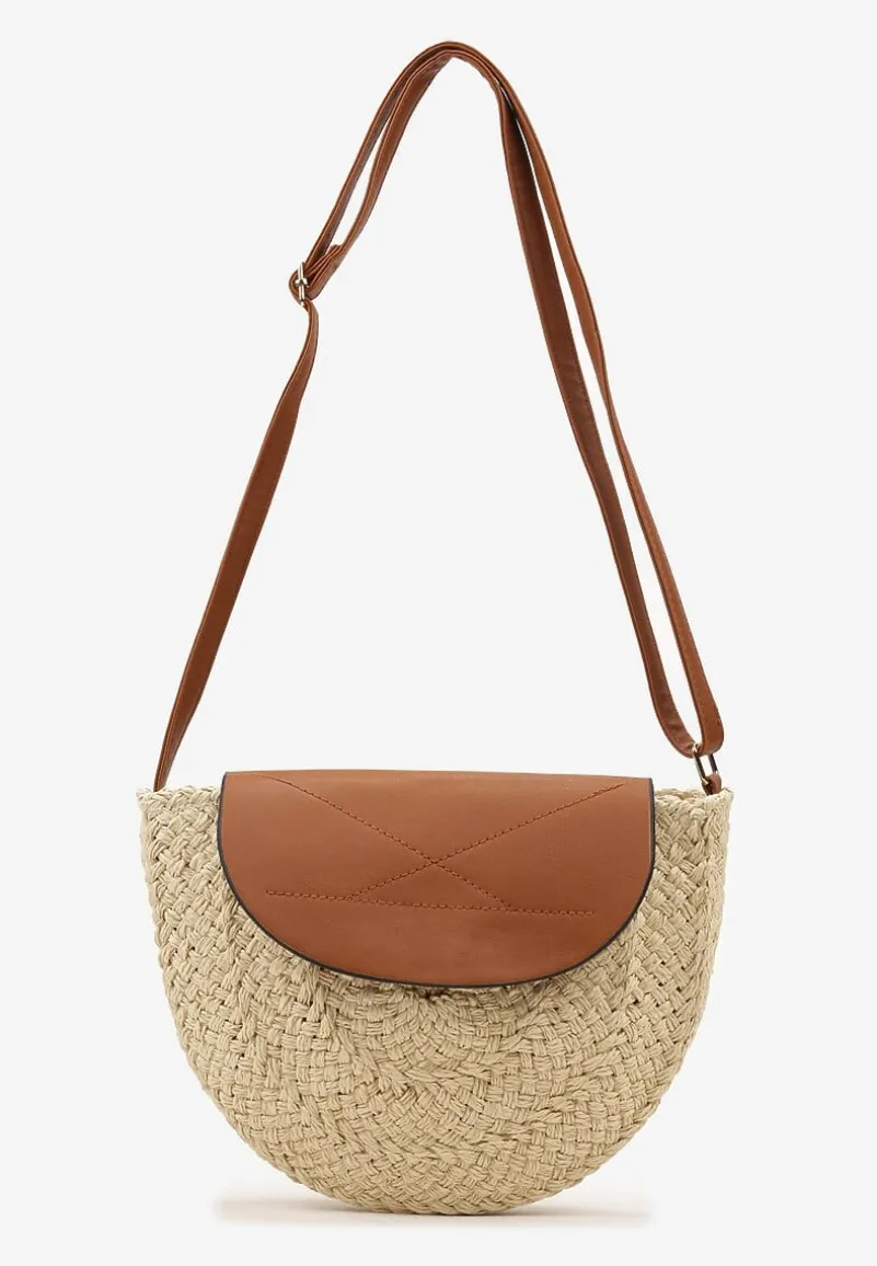 Jasnobeżowa Mała Torebka Boho na Ramię z Połączenia Plecionki i Ekoskóry Virtha