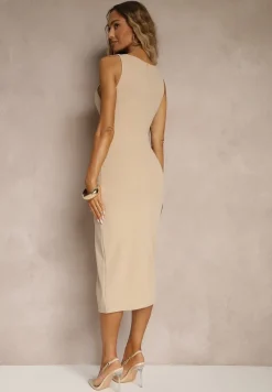Jasnobeżowa Ołówkowa Sukienka Bez Rękawów z Wiskozą Zdobiona Rozcięciem z Tyłu Fonama