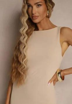 Jasnobeżowa Ołówkowa Sukienka Bez Rękawów z Wiskozą Zdobiona Rozcięciem z Tyłu Fonama