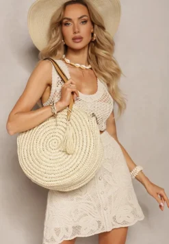 Jasnobeżowa Pleciona Okrągła Torebka Shopperka z Długimi Rączkami i Paskiem Acelema