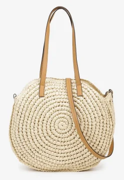 Jasnobeżowa Pleciona Okrągła Torebka Shopperka z Długimi Rączkami i Paskiem Acelema