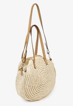 Jasnobeżowa Pleciona Okrągła Torebka Shopperka z Długimi Rączkami i Paskiem Acelema