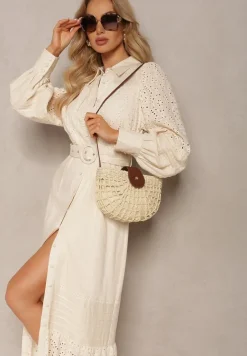 Jasnobeżowa Pleciona Torebka na Regulowanym Pasku z Zapięciem na Zatrzask i Suwak Setelia