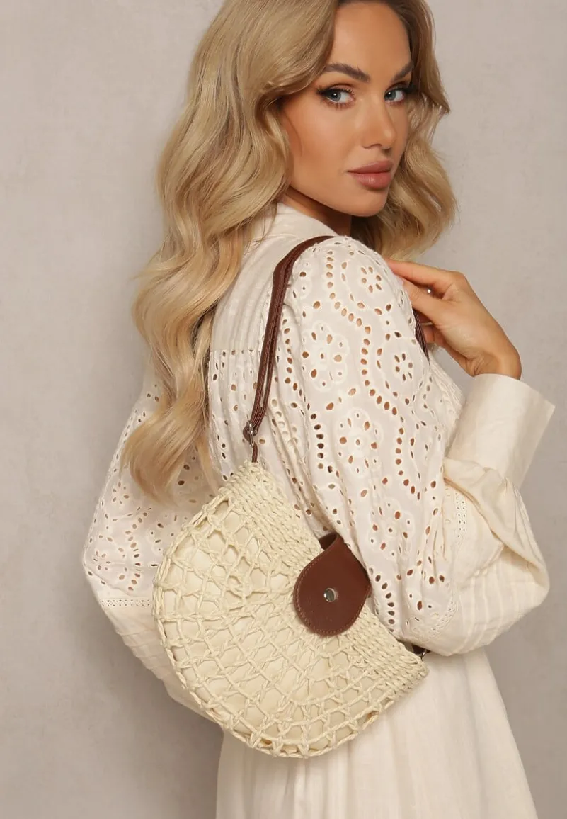 Jasnobeżowa Pleciona Torebka na Regulowanym Pasku z Zapięciem na Zatrzask i Suwak Setelia