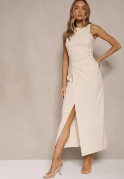 Jasnobeżowa Sukienka Dopasowana z Bawełny i Wiskozy z Rozcięciem Tunaria