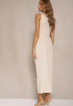 Jasnobeżowa Sukienka Dopasowana z Bawełny i Wiskozy z Rozcięciem Tunaria
