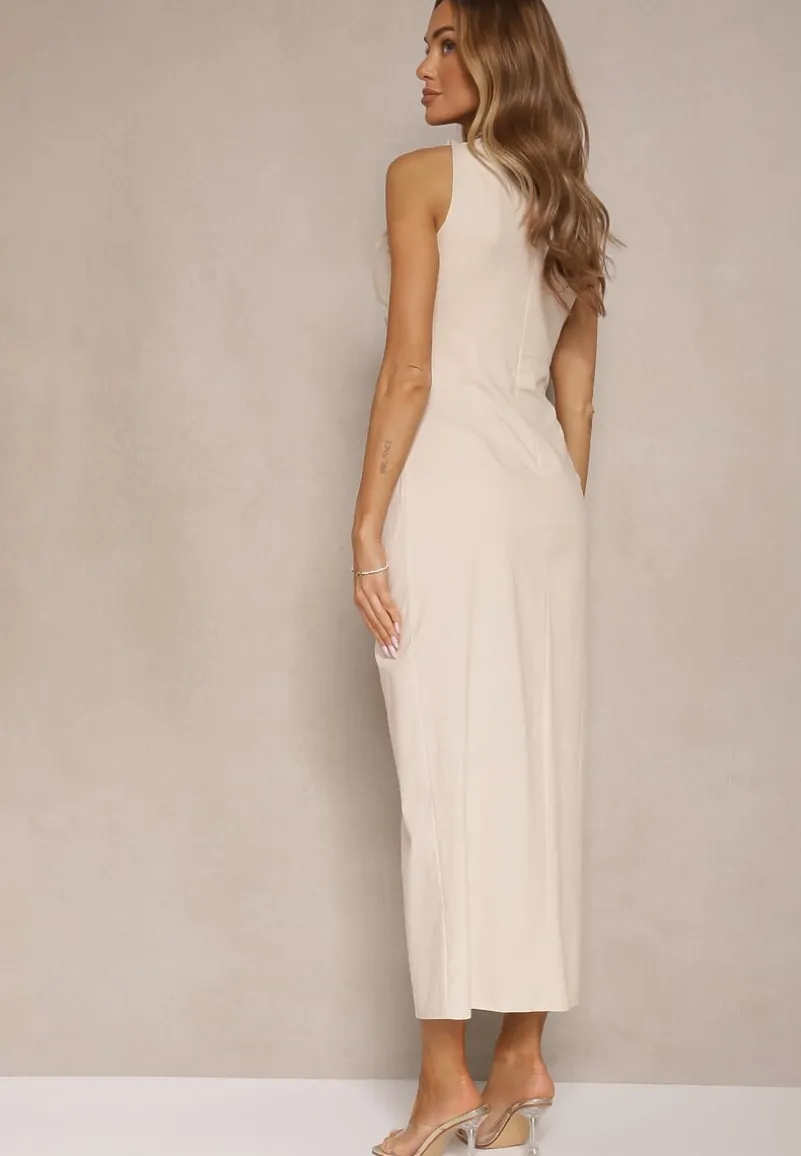 Jasnobeżowa Sukienka Dopasowana z Bawełny i Wiskozy z Rozcięciem Tunaria