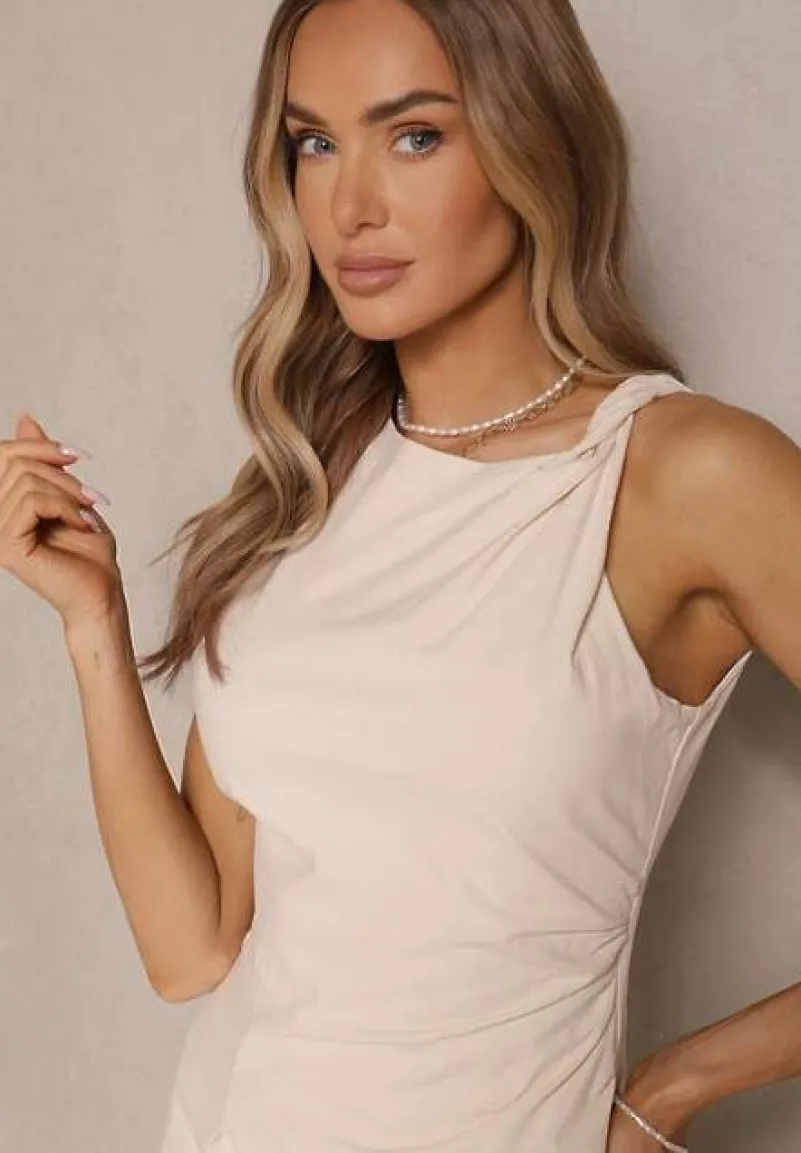 Jasnobeżowa Sukienka Dopasowana z Bawełny i Wiskozy z Rozcięciem Tunaria