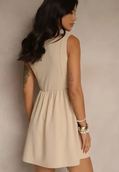 Jasnobeżowa Sukienka Koktajlowa z Wiskozą o Rozkloszowanym Kroju Tilurea