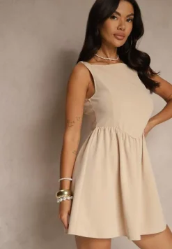 Jasnobeżowa Sukienka Koktajlowa z Wiskozą o Rozkloszowanym Kroju Tilurea