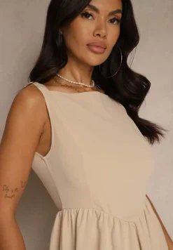 Jasnobeżowa Sukienka Koktajlowa z Wiskozą o Rozkloszowanym Kroju Tilurea