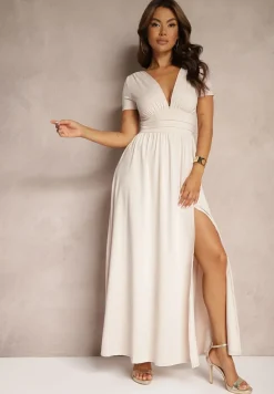 Jasnobeżowa Sukienka Maxi z Rozkloszowanym Dołem i Rozcięciem Zarya