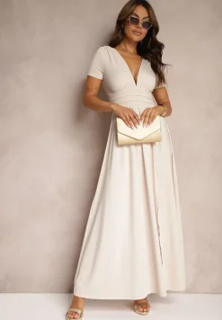 Jasnobeżowa Sukienka Maxi z Rozkloszowanym Dołem i Rozcięciem Zarya